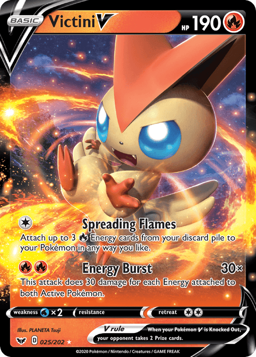 A Pokémon TCG card featuring Victini V (025/202) [Sword & Shield: Base Set]. The card shows a victorious-looking Victini amidst swirling flames. It has 190 HP, is Fire-type, and has two moves: "Spreading Flames" and "Energy Burst." This Ultra Rare card is illustrated by PLANETA Tsuji.