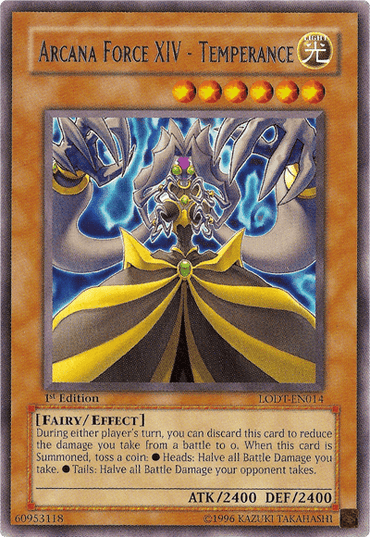 The Yu-Gi-Oh! trading card "Arcana Force XIV - Temperance [LODT-EN014] Rare" showcases an Effect Monster adorned with a golden headdress and flowing cape, holding mystical scales. This light attribute card boasts 2400 attack and defense points, and its effect allows it to halve battle damage.