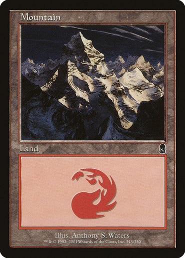 A Magic: The Gathering card titled "Mountain (343) [Odyssey]" from the Odyssey set. The artwork features a dramatic, snow-covered mountain range under a dark sky. Below the illustration is the card's type, "Basic Land," with a red mana symbol depicting a flame. The artwork by Anthony S. Waters is bordered in brown.