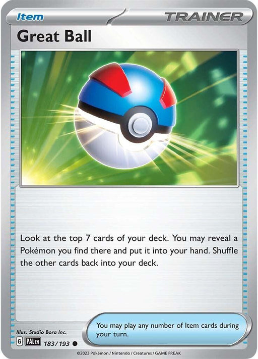 Image of a Pokémon Trainer card named "Great Ball (183/193) [Scarlet & Violet: Paldea Evolved]," an item from the Pokémon series. The card features an illustration of a Great Ball with a blue top, red stripe, and white bottom, emitting light and energy. It instructs players to look at the top 7 cards of their deck, reveal a Pokémon card, put it into their hand, and shuffle.