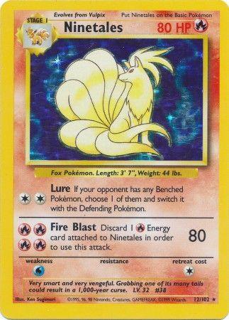 A Pokémon trading card featuring Ninetales (12/102) [Base Set Unlimited] from the Pokémon brand. It boasts 80 HP and evolves from Vulpix. This Holo Rare card displays moves such as Lure and Fire Blast, illustrated by Ken Sugimori. The background is yellow, showcasing Ninetales as a fox-like creature with nine tails and golden fur.