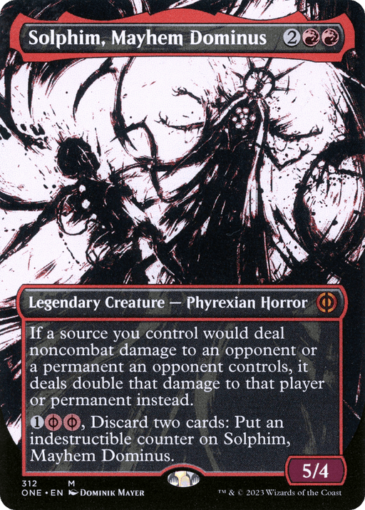 A Magic: The Gathering product titled "Solphim, Mayhem Dominus (Borderless Ichor) [Phyrexia: All Will Be One]." This Mythic card is a Phyrexian Horror with 5 power and 4 toughness. It has abilities that double damage dealt to opponents or their permanents and gains an indestructible counter by discarding two cards and paying mana.
