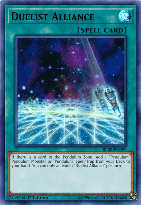 A Yu-Gi-Oh! card named "Duelist Alliance [BLRR-EN097] Ultra Rare" is shown. It is an Ultra Rare Normal Spell Card with a blue-green border, featured in Battles of Legend: Relentless Revenge. The card image depicts a cosmic scene with two glowing figures reaching out to each other among swirling energy. The card text describes adding Pendulum cards from the deck and usage limits.