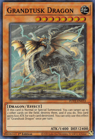 The "Yu-Gi-Oh!" trading card named Grandtusk Dragon [POTE-EN033] Super Rare features a formidable Effect Monster adorned with protective scales, sharp claws, and glowing eyes against a stormy backdrop. Mastering the Power of the Elements, it can annihilate up to two cards and increase its attack points.