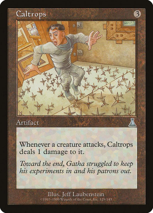 A card with a cartoon of a man jumping in the air, clutching Caltrops [Urza’s Destiny] from Magic: The Gathering.