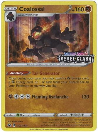 A Pokémon card of Coalossal (SWSH024) (Prerelease Promo) [Sword & Shield: Black Star Promos] from the Sword & Shield Rebel Clash series. It has 160 HP and is a Stage 2 Fighting-type Pokémon that evolves from Carkol. The card, part of the Black Star Promos set, features abilities: "Tar Generator" and "Flaming Avalanche," which deals 130 damage. Weakness is Water. Card number is SWSH024.