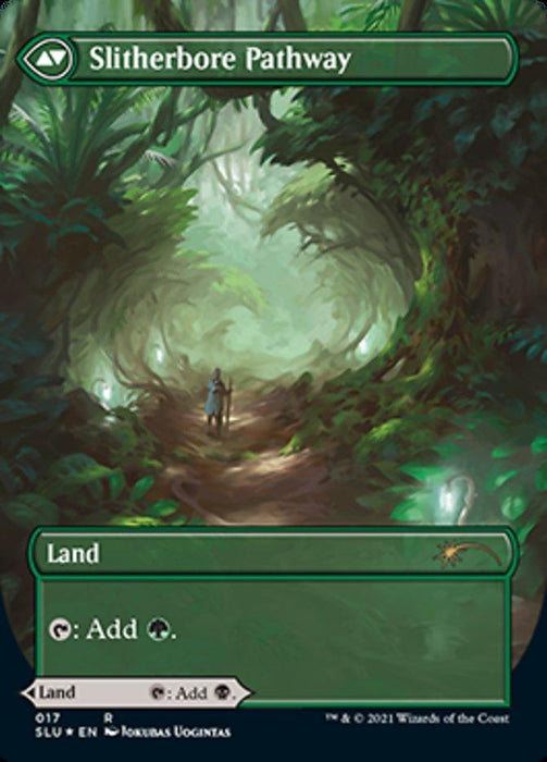 A Magic: The Gathering card titled "Darkbore Pathway // Slitherbore Pathway (Borderless)" from Secret Lair: Ultimate Edition 2. The card shows a lush, green tunnel in a forest, with a distant figure walking down it. The bottom part signifies that it's a rare land card with the ability to add black or green mana to your mana pool.