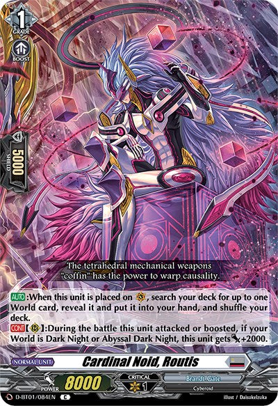 Experience the impressive trading card "Cardinal Noid, Routis (D-BT01/084EN)" from Bushiroad's Genesis of the Five Greats series. This card presents an elaborate and colorful illustration of a Cyberoid adorned in vibrant pink and purple hues, set against a geometric background featuring floating diamond shapes. The card's text highlights its remarkable abilities and stats, showcasing a power of 8000.