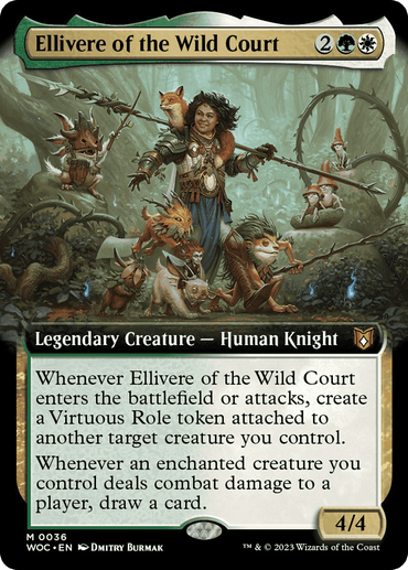 Fantasy artwork of **Ellivere of the Wild Court (Extended Art) [Wilds of Eldraine Commander]** from Magic: The Gathering. Ellivere, a human knight dressed in armor and holding a staff, stands confidently with a glowing frog, raccoon, squirrel, fox, and rabbit in a wooded setting. Text below details card abilities.