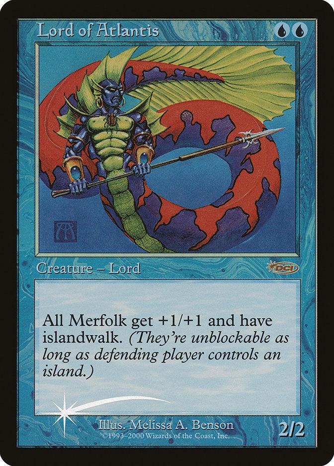 A Magic: The Gathering card named Lord of Atlantis [Junior Super Series], illustrated by Melissa A. Benson. The card features a blue and red merman with a trident and a serpent-like tail. It reads, 