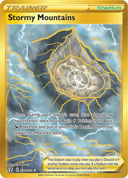The "Stormy Mountains (232/203) [Sword & Shield: Evolving Skies]" Pokémon trading card from the Evolving Skies series depicts mountaintops with swirling storm clouds and lightning. This Secret Rare card allows players to search for a Basic 𐊑 Pokémon or Basic 🧬 Pokémon, with its rule text and Stadium card designation clearly shown.