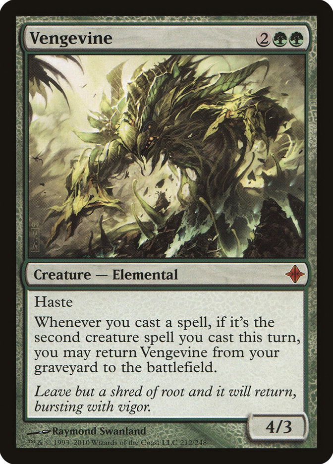 The "Vengevine" card from the Magic: The Gathering set "Rise of the Eldrazi" features a striking green elemental with sharp, leaf-like limbs. Illustrated by Raymond Swanland, this creature possesses a power/toughness of 4/3 and comes with Haste and the ability to return from the graveyard.