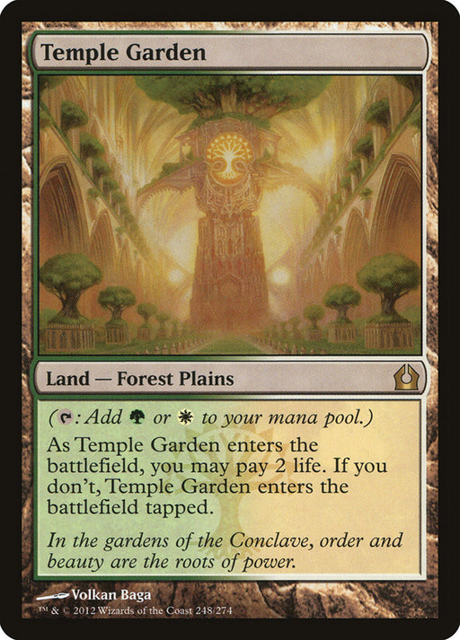 Temple Garden [Return to Ravnica] from Magic: The Gathering, featured in the Return to Ravnica set, is a land card with the subtype "Forest Plains." It produces green or white mana and can enter the battlefield tapped unless 2 life is paid. The art reveals a lush, ornate garden with a glowing tree.