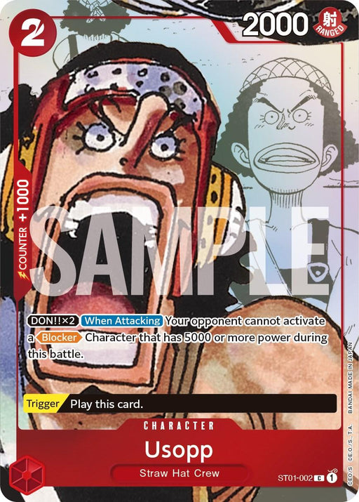 A promo trading card titled "Usopp (Alternate Art) [One Piece Promotion Cards]" from the Straw Hat Crew. It features Usopp screaming with a panicked expression. The card, part of the One Piece Promotion Cards by Bandai, has a cost of 2, power of 2000, and a counter of +1000. Usopp's ability restricts the opponent's Blocker activation during battle. The word "SAMPLE" is