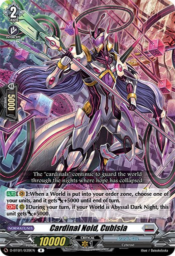 A trading card from the "Cardfight!! Vanguard" game produced by Bushiroad, featuring "Cardinal Noid, Cubisia (D-BT01/039EN) [Genesis of the Five Greats]." This rare card showcases a character in futuristic armor holding a staff against a cosmic backdrop. The lower half details its abilities and stats: 10000 power and 1 critical.