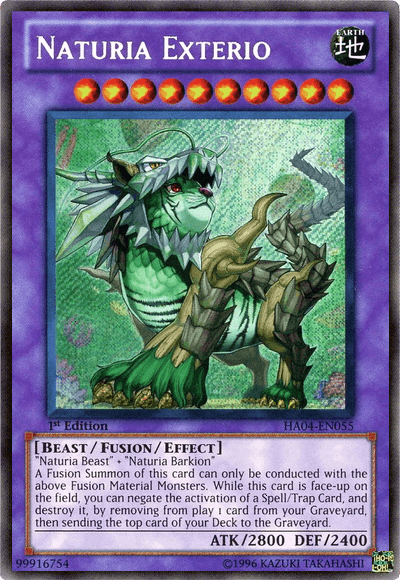 An image of the Yu-Gi-Oh! trading card "Naturia Exterio [HA04-EN055] Secret Rare," a Fusion/Effect Monster. The card features a beast-like creature with green, leafy fur, sharp claws, and a fierce demeanor. This Secret Rare card has purple borders and details its effects, including its attack (ATK 2800) and defense (DEF 2400) points.