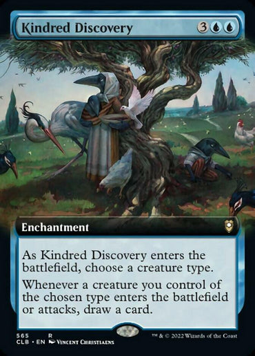 The image is of a Magic: The Gathering card named "Kindred Discovery (Extended Art) [Commander Legends: Battle for Baldur's Gate]" from Magic: The Gathering. The illustrated card depicts bird-like humanoid creatures in robes gathering beneath a large, gnarled tree with twisted branches. The blue-framed Enchantment card costs 3 blue blue and allows drawing cards for a chosen creature type. Serene landscape elements like a soft, distant mountain and a partially obsc...