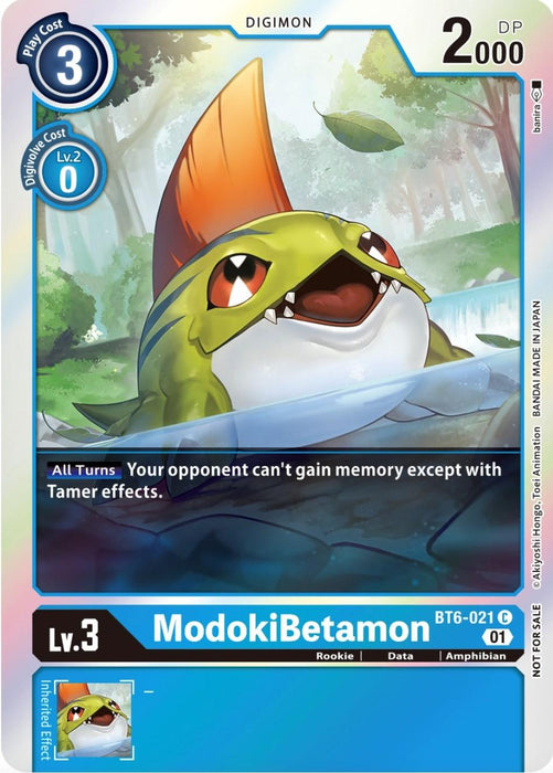 A Digimon card named ModokiBetamon [BT6-021] from the Premium Deck Set Lucky Pack (Double Diamond Promos), features a green and orange amphibian-like creature with a large fin and prominent teeth. This Level 3 promo card, with 2000 DP and a play cost of 3, prevents opponents from gaining memory except through Tamer effects.