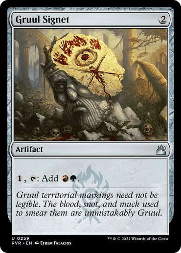 The image depicts a "Gruul Signet [Ravnica Remastered]" card from Magic: The Gathering. The card shows a stone bust covered in blood, snot, and muck with the Gruul clan symbol in red. The background features a graveyard with trees. The text describes the artifact’s ability to add red and green mana.