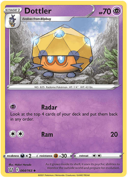 A Pokémon Dottler (064/163) [Sword & Shield: Battle Styles] trading card featuring Dottler, a Stage 1 Psychic Pokémon that evolves from Blipbug. Dottler has 70 HP and appears as a bug with a yellow, hexagonal shell. The card includes two moves: Radar and Ram. Set against a mountainous background, the purple-bordered card is numbered 064/163 in Battle Styles.