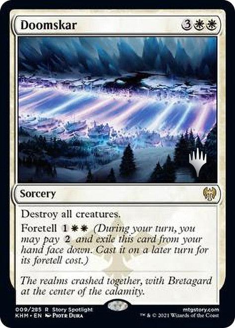 A Magic: The Gathering card titled "Doomskar (Promo Pack) [Kaldheim Promos]" from the Kaldheim Promos set with a mana cost of "3WW." This powerful Sorcery lets you destroy all creatures. Featuring a stunning icy landscape and panicked figures fleeing a bright, magical light, it also offers a Foretell cost of "1W.