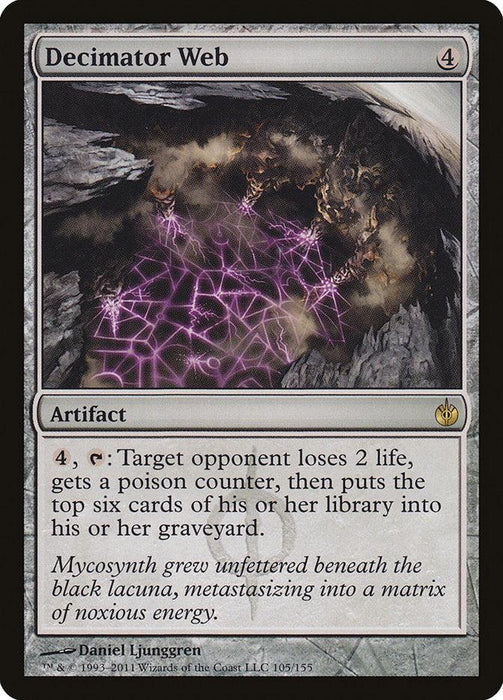 The image is of a Magic: The Gathering card named "Decimator Web [Mirrodin Besieged]," from the Mirrodin Besieged set. It is an artifact card with cost 4. The illustration features a dark, cavernous environment with glowing purple webs. Its text: “4, tap: Target opponent loses 2 life, gets a poison counter, then mills six cards.” Flavor text: "My