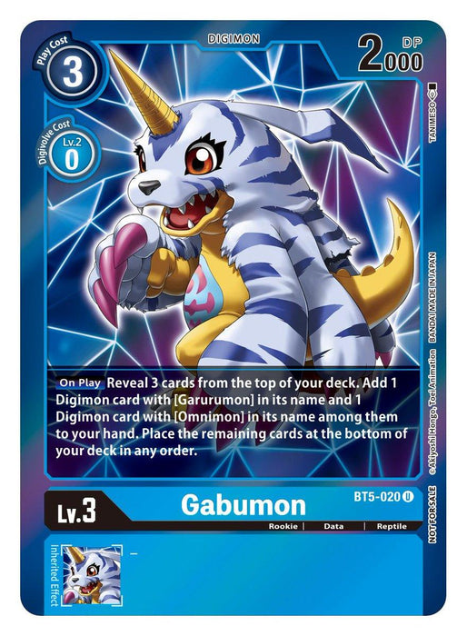 A Digimon trading card featuring Gabumon, a horned, blue-striped creature with wolf-like features and a charming smile. As part of the Battle of Omni series, Gabumon is surrounded by a blue geometric frame. The card displays various stats such as cost, evolution level, power, and a special ability description.

