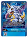 A Digimon trading card featuring Gabumon, a horned, blue-striped creature with wolf-like features and a charming smile. As part of the Battle of Omni series, Gabumon is surrounded by a blue geometric frame. The card displays various stats such as cost, evolution level, power, and a special ability description.

