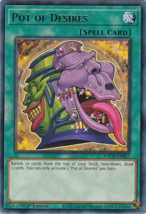 A "Yu-Gi-Oh!" trading card titled "Pot of Desires [TOCH-EN057] Rare." This Normal Spell Card from the Toon Chaos series features two grotesque, mismatched heads—one purple and one green—with exaggerated expressions against a golden, starry background. The card's effect allows you to banish ten cards to draw two.