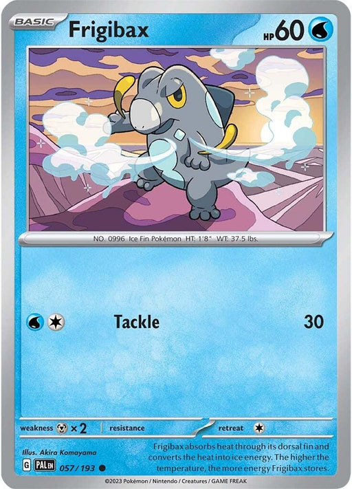 A Pokémon trading card featuring Frigibax, an Ice Fin Pokémon with 60 HP and Common rarity. The illustration shows Frigibax, a small, gray, dinosaur-like Water type creature with blue accents and yellow fins on its back standing on icy terrain. It has two moves: Tackle with a power of 30. The card is illustrated by Akira Komayama from the brand Pokémon's product Frigibax (057/193) [Scarlet & Violet: Paldea Evolved].