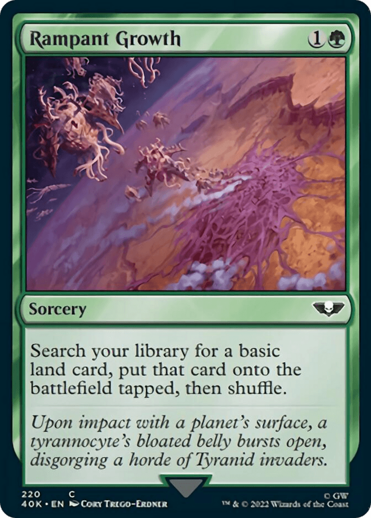 A Magic: The Gathering card named Rampant Growth [Warhammer 40,000]. The card's art depicts an alien landscape with pink, organic Tyranid tendrils sprawling across. The text box reads, 