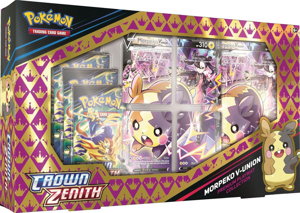 Image of a Pokémon Sword & Shield: Crown Zenith - Premium Playmat Collection (Morpeko V-UNION) box. The box showcases four Morpeko V-UNION cards that combine into one cohesive image of Morpeko. Also included are several booster packs and a playmat, visible through the packaging.