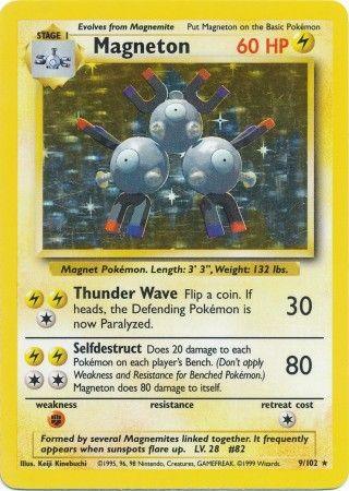 A Pokémon trading card depicts Magneton (9/102) [Base Set Unlimited], a stage 1 electric-type Pokémon with 60 HP. The Holo Rare image features three spherical, metallic creatures with magnets and screws. It has attacks including Thunder Wave (30 damage) and Lightning Selfdestruct (80 damage). The Magneton (9/102) [Base Set Unlimited] card is part of the Pokémon brand’s Base Set Unlimited collection.