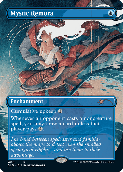 A rare Magic: The Gathering card named Mystic Remora (Borderless) [Secret Lair Drop Series] with blue and white artwork. The illustration depicts a woman with flowing hair and garments, playing a stringed instrument underwater. This Magic: The Gathering card is an Enchantment with abilities described in text boxes below the illustration.