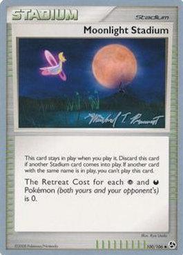 A Pokémon trading card titled "Moonlight Stadium (100/106) (Boltevoir - Michael Pramawat) [World Championships 2010]" by Pokémon. The card features an image of a pink fairy Pokémon near a rocky ledge with a large, full moon and stars in the sky. Below the image, text describes the card's effect: reducing the retreat cost of both players' Darkness and Psychic-type Pokémon to 0.