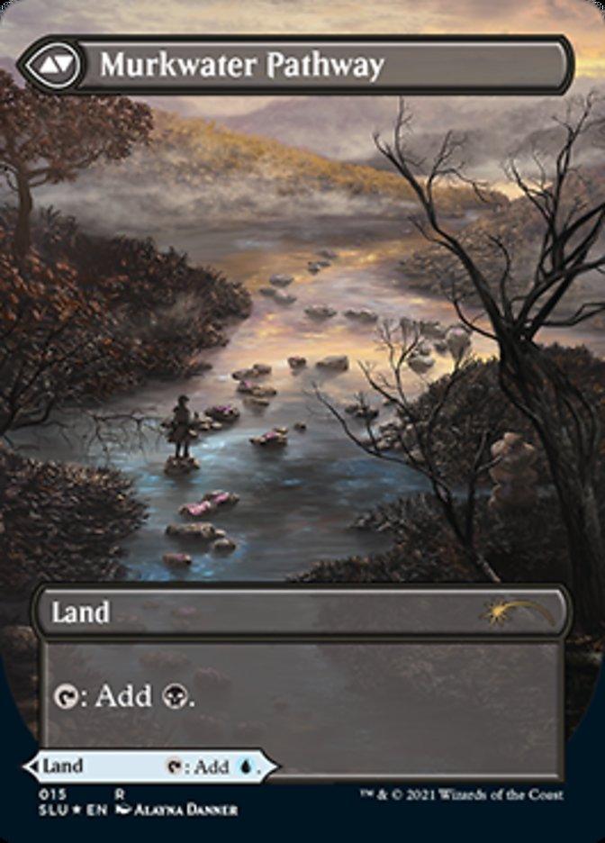 A fantasy landscape from the trading card "Clearwater Pathway // Murkwater Pathway (Borderless) [Secret Lair: Ultimate Edition 2]" by Magic: The Gathering depicts Murkwater Pathway. In this Rare Land scene, a misty, muddy path lies beside a waterway, enveloped in dusky light. Trees and shrubs line the path, and a solitary figure stands near the water. The card text reads: "Land" and "{T}: Add {B}.