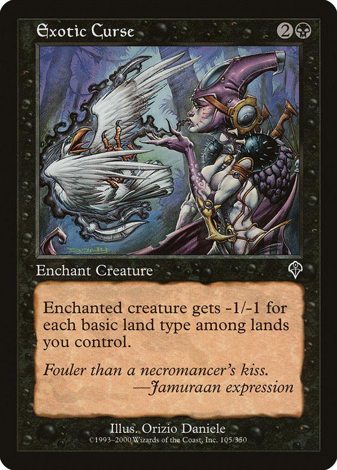 A Magic: The Gathering card titled "Exotic Curse [Invasion]." This Enchantment costs 2 colorless and 1 black mana to cast. The illustration depicts a bird-like creature with wings outstretched and a human-like figure in dark purple armor and spikes. The card text reads: "Enchanted creature gets -1/-1 for each basic land type among lands you control." Flavor text: