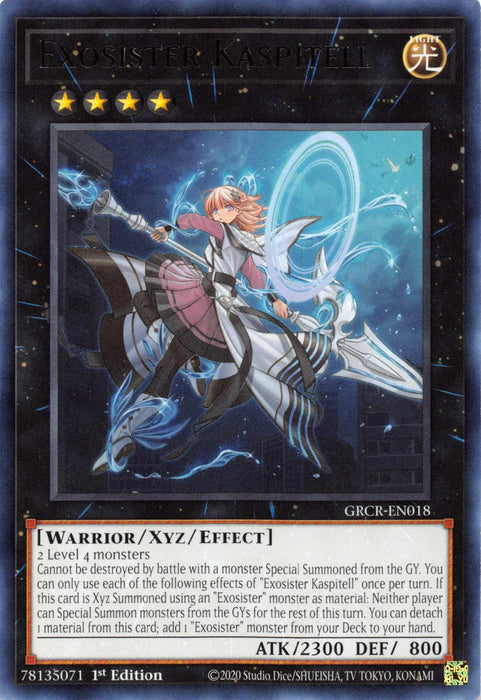 A Yu-Gi-Oh! trading card titled "Exosister Kaspitell [GRCR-EN018] Rare" from The Grand Creators set. It features a pink-haired female warrior in a blue and white outfit, brandishing a sword while riding a mystical, mechanical steed. This dynamic Xyz/Effect Monster boasts 2300 ATK and 800 DEF.