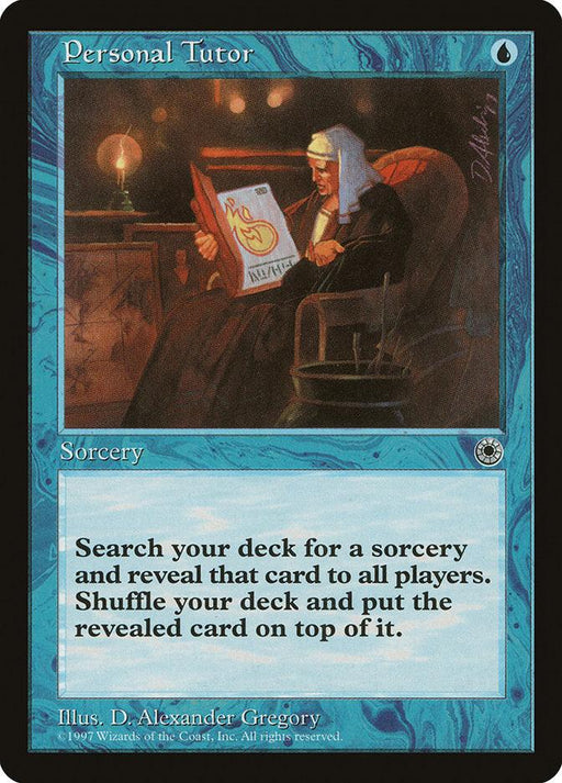 A "Magic: The Gathering" card from the Portal set, titled "Personal Tutor," displays artwork by D. Alexander Gregory that depicts an elderly man reading a scroll beside a large, candlelit globe. This uncommon blue sorcery card has a mana cost of one blue and enables you to search your library for a sorcery card, reveal it, and place it on top of your library.