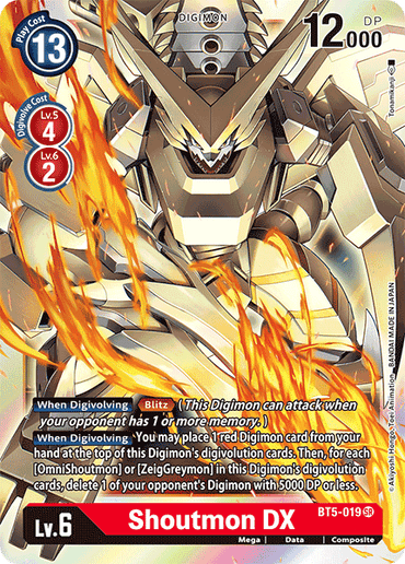 This Super Rare Digimon card, Shoutmon DX [BT5-019] from the Battle of Omni set, showcases a powerful warrior adorned in silver armor with glowing red eyes and a fiery aura. With a play cost of 13 and level 6, it boasts 12,000 DP. Its digivolution requirements and special abilities significantly enhance its formidable attack capabilities and effectiveness in deleting opponent's Digimon.