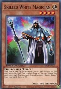 A Yu-Gi-Oh! trading card from the Speed Duel: Battle City Box featuring "Skilled White Magician [SBCB-EN007] Common." The card showcases a hooded and armored spellcaster in a white and blue cloak wielding a green, glowing staff. The text details the spellcaster's effect, attack (1700), and defense (1900).