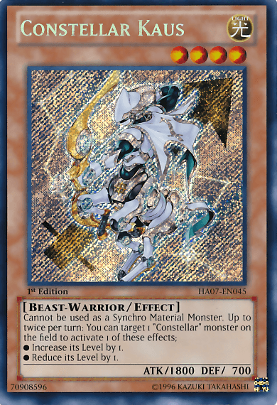 The image displays a "Constellar Kaus [HA07-EN045] Secret Rare" Yu-Gi-Oh! trading card. This Effect Monster features an armored, horse-like creature with a long tail and glowing, celestial designs. It has a yellow background with four stars, indicating its level. The card’s ATK is 1800, DEF is 700, and it is from Hidden Arsenal 7.
