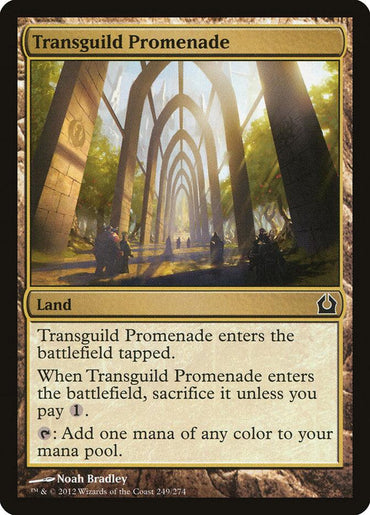 The Magic: The Gathering card "Transguild Promenade [Return to Ravnica]" features a sunlit arched pathway with light streaming through the trees. As a land type card, it enters the battlefield tapped and requires one mana to avoid being sacrificed, allowing you to add one mana of any color to your pool.