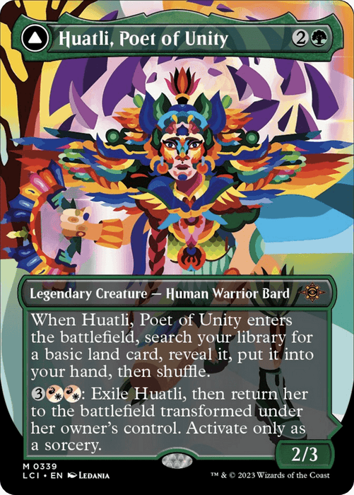 A Magic: The Gathering card titled "Huatli, Poet of Unity // Roar of the Fifth People (Borderless) [The Lost Caverns of Ixalan]." The card displays a colorful, abstract artwork of a human warrior bard adorned with vibrant feathers and tribal decorations. Text on the card details the abilities and transformations of this Legendary Creature. A 2/3 Dinosaur card.