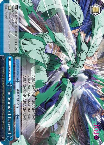 Image of a trading card from "Weiss Schwarz" featuring a dynamic scene with a green-haired character in a green outfit, striking a powerful energy attack surrounded by blue lightning. The text includes "The Sound of Farewell!" and "ARARARARARARARARARARI". It's labeled as The Sound of Farewell (JJ/S66-E097 CR) [JoJo's Bizarre Adventure: Golden Wind] from Bushiroad.
