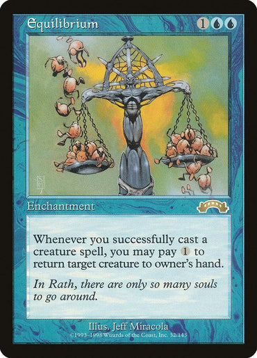 A Magic: The Gathering card named "Equilibrium [Exodus]," costing 1 blue and 2 colorless mana. The artwork, reminiscent of Exodus-era designs, depicts a stone figure holding a set of golden scales, balancing corpses on chains. The card's text explains its enchantment effect of returning creatures to their owner's hand when you cast a creature spell.