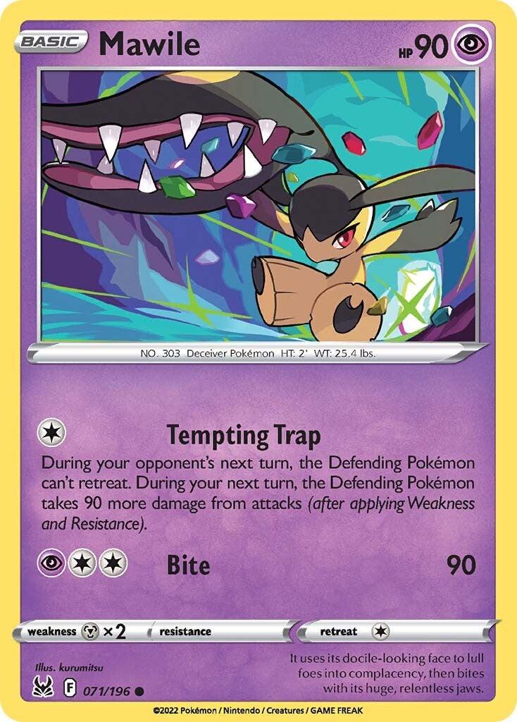 A Pokémon trading card featuring Mawile. The card, part of the Sword & Shield: Lost Origin series, has a purple border and shows an illustration of Mawile with its large jaw. The card includes text describing Mawile's abilities: 