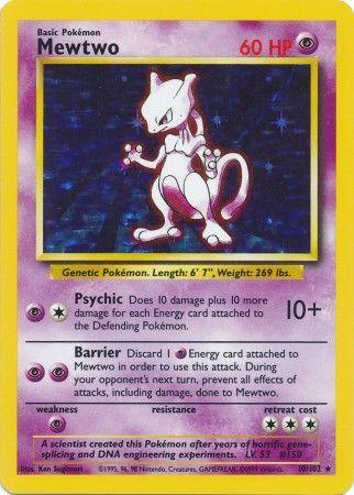 A Pokémon trading card of Mewtwo (10/102) [Base Set Unlimited] from the Pokémon series. Mewtwo is depicted in the center in a dynamic pose, surrounded by a pink aura. The Holo Rare card has a yellow border and details about Mewtwo's abilities: "Psychic" and "Barrier." It has 60 HP. At the bottom, there's an illustration credit and legality information.
