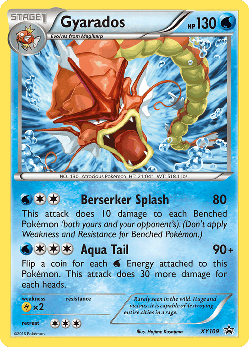 The Pokémon Gyarados (XY109) [XY: Black Star Promos] trading card showcases a large serpentine creature with red and orange scales and a blue underbelly. This Black Star Promo card, illustrated by Hajime Kusajima, features 130 HP and includes two attacks: "Berserker Splash" and "Aqua Tail.