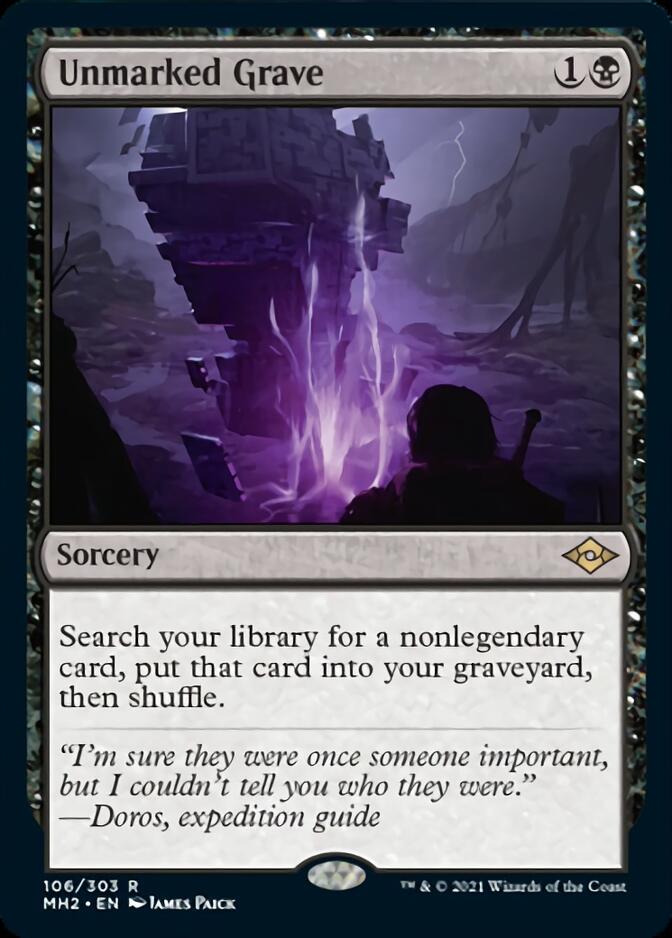 A Magic: The Gathering card titled Unmarked Grave [Modern Horizons 2] from Magic: The Gathering features a dark, eerie image of a figure standing before a glowing, purple grave. This Rare Sorcery allows you to search your library for a nonlegendary card, put it into your graveyard, then shuffle. The card number is 106/303.